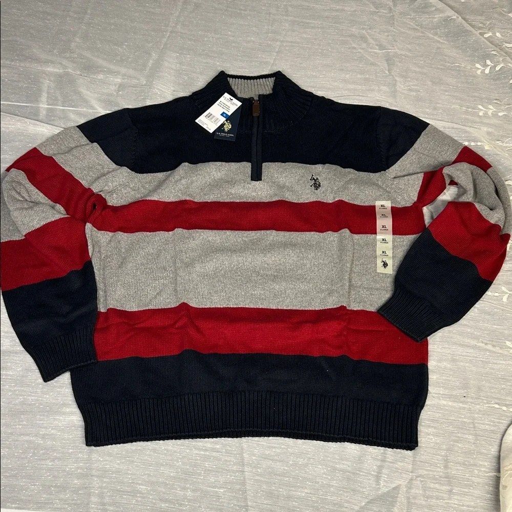 U.S Polo Striped Sweater - Red, Gray, and Blue NWT - Picture 1 of 3
